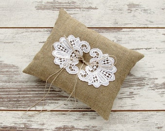 Wedding Bearer Ring Burlap Pillow with White Lace Applique