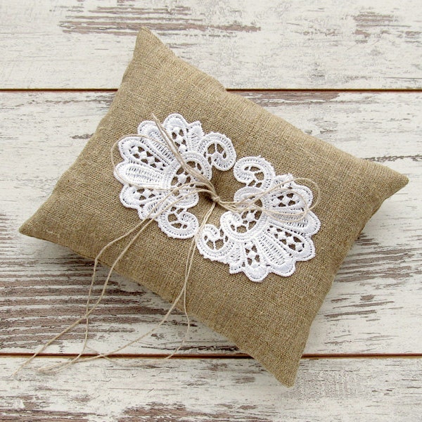 Wedding Bearer Ring Burlap Pillow with White Lace Applique
