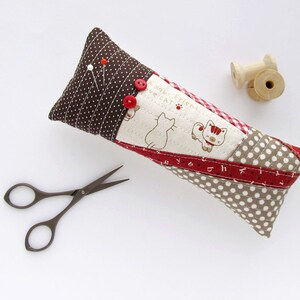 Pincushion cat patchwork, OOAK brown kitten pincushion, Polka dots needle holder, Red pin cushion, small OOAK gift image 2