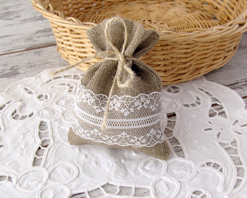 Rustic favor bags, Wedding burlap favor, Lace gift bags, Baptism favor bags, Candy small bag, Burlap and lace bag, Wedding favors image 2