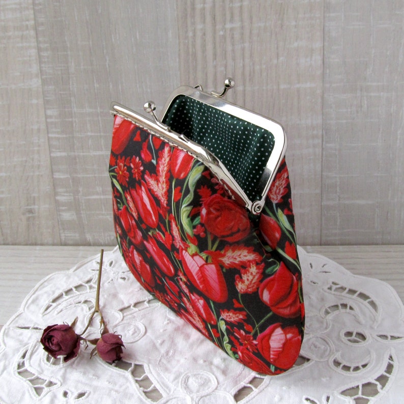 Tulips frame purse, Red and black handbag, Spring flowers clutch, Blooming cosmetic bag, Floral change pouch, Red love gift for her image 2