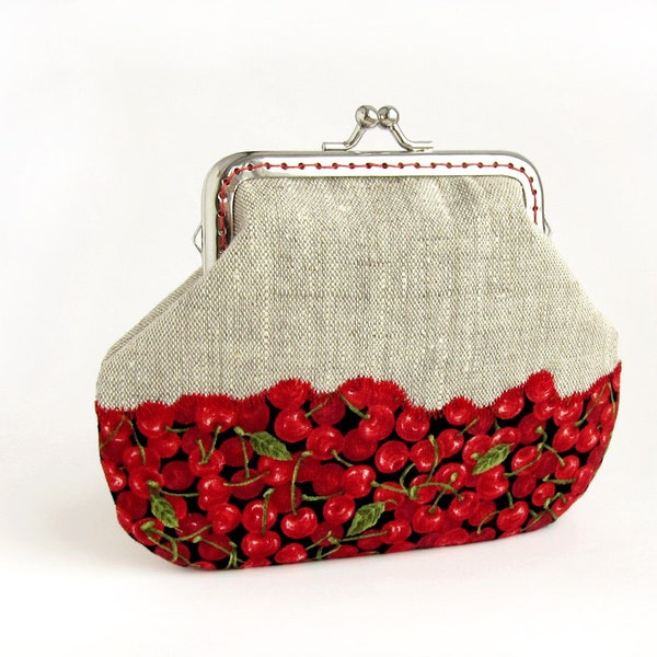 Red cherry linen purse, Fruit Berries Wallet Clasp Frame