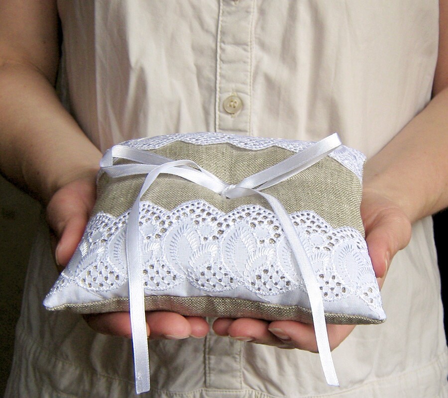 White lace ring pillow Burlap wedding pillow cotton lace | Etsy