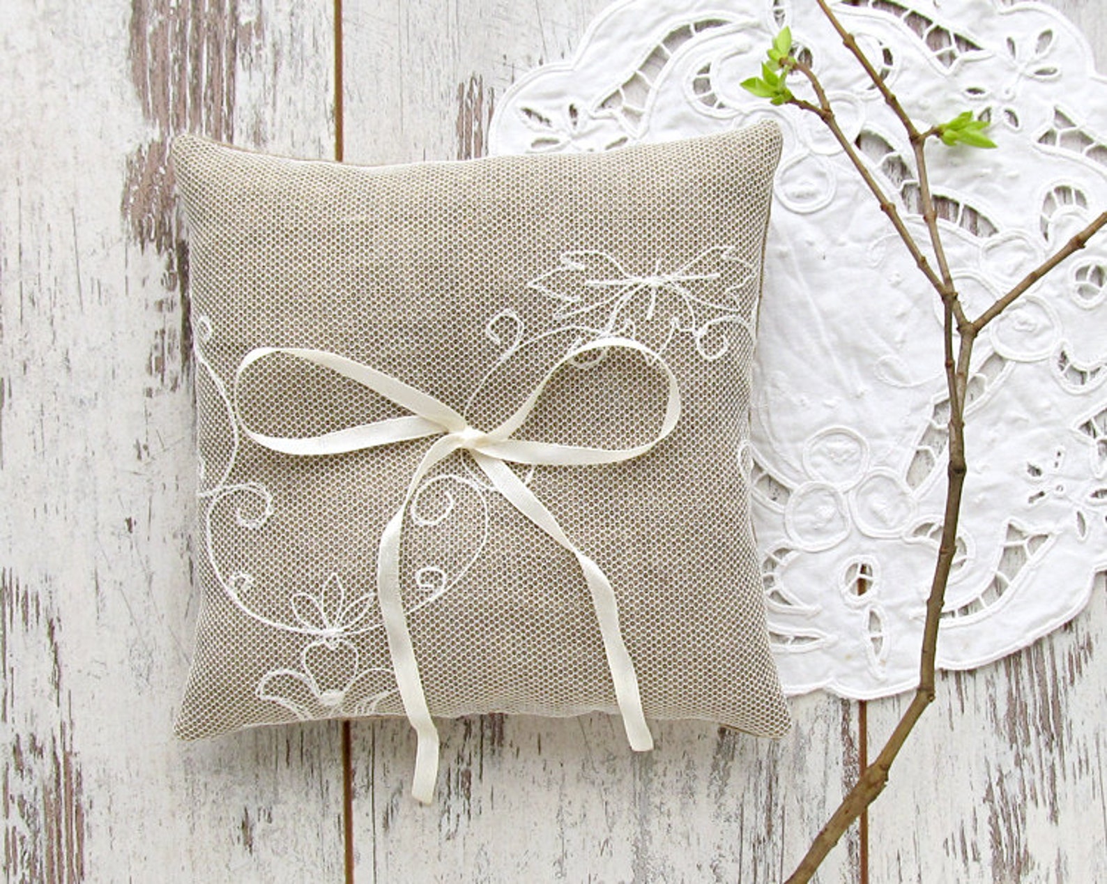 Wedding Ring Pillow Burlap and Lace Bearer Pillow White Etsy