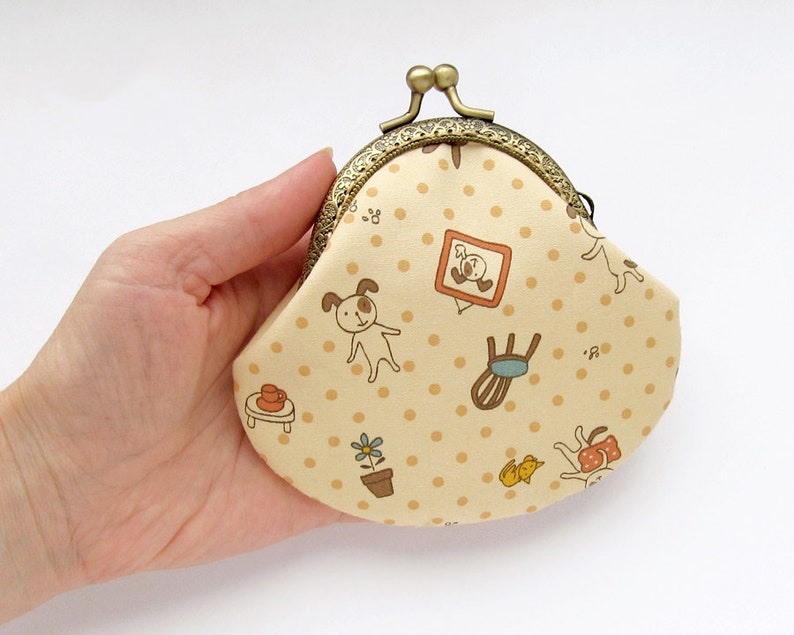 Beige Change pouch Animals coin purse Polka dots purse Funny dogs purse Dog Lovers Gift Purse with Dogs Kawaii Japanese cloth wallet