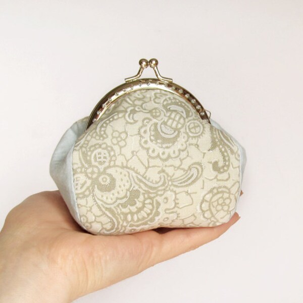 Beige Glitter Purse - Change Pouch Flowers - Light Soft Blue Cotton Fabric with Kisslock