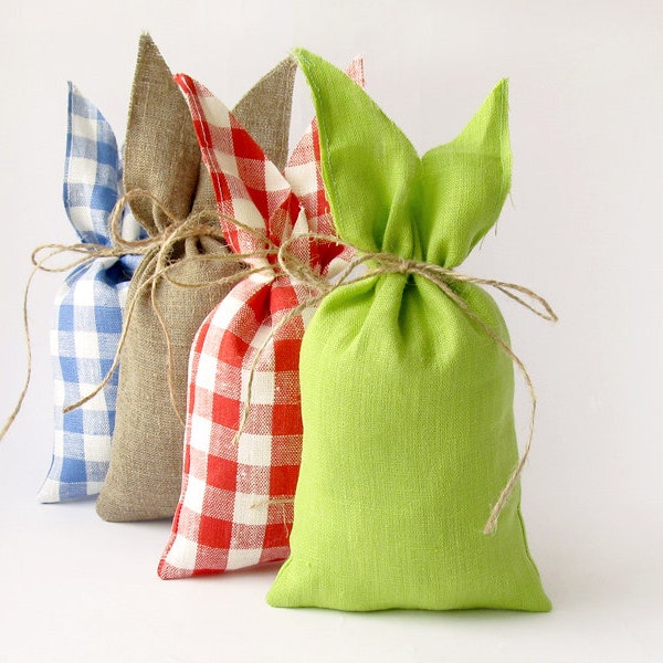 Bunny gift bags, Easter basket, Burlap treat bag, Wine bottle linen bags, Teachers gift, Easter apple green, gift bag, red ang blue gift bag