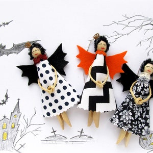 Halloween Witch, Clothespin Dolls, Black Angel, Halloween Ornament, Orange Autumn Decorations, Halloween gift, Thanksgiving Holiday Decor