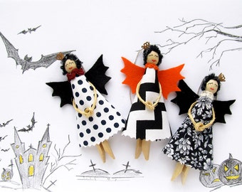 Halloween Witch, Clothespin Dolls, Black Angel, Halloween Ornament, Orange Autumn Decorations, Halloween gift, Thanksgiving Holiday Decor