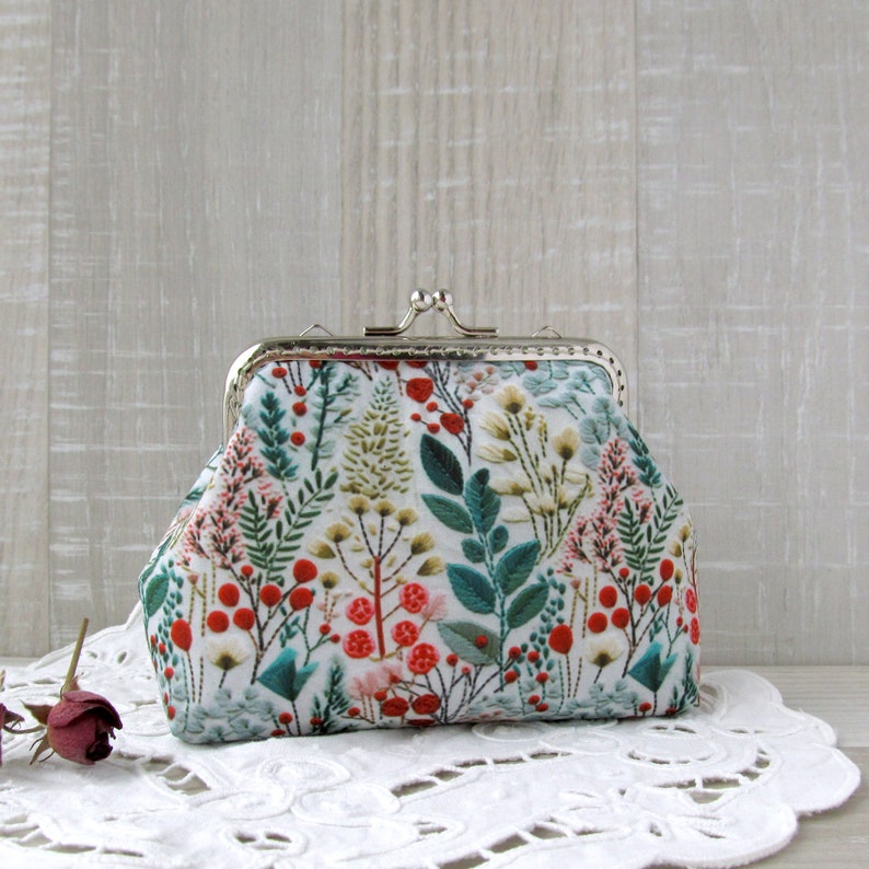 Wildflowers purse, Evening small clutch, Garden red flowers and green plants frame purse, Floral cosmetic bag, Wedding purse, Change pouch image 4