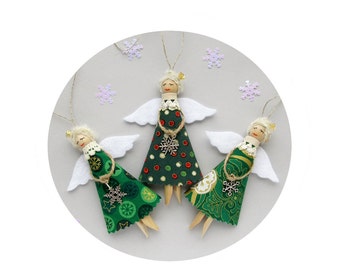 Christmas Ornaments, Green Christmas Angels, Tree Decorations - SET of 3