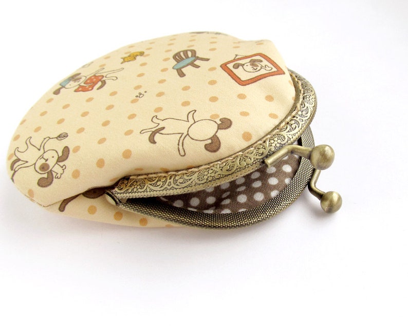 Beige Change pouch Animals coin purse Polka dots purse Funny dogs purse Dog Lovers Gift Purse with Dogs Kawaii Japanese cloth wallet