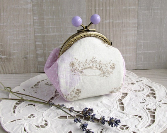 Coin purse with crown, Purple purse, Polka dots coin purse, Cream change purse, Lavender gift, Retro style coin pouch, Lilac bridesmaid gift