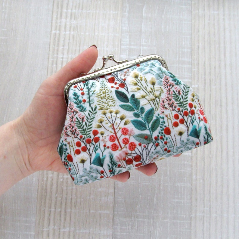 Wildflowers purse, Evening small clutch, Garden red flowers and green plants frame purse, Floral cosmetic bag, Wedding purse, Change pouch image 1