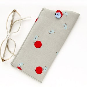 Gray Eyeglass Case, Blue Birds Holder with Red Berries and Mushrooms