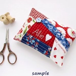 Personalized patchwork pincushion, Hand embroidered OOAK Pin cushion, Personalized gift, needle holder - Made to order