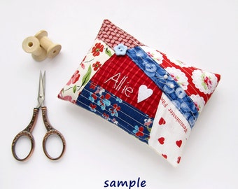 Personalized patchwork pincushion, Hand embroidered OOAK Pin cushion, Personalized gift, needle holder - Made to order