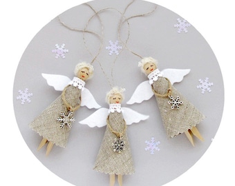Christmas Ornaments, Burlap Christmas Angels Set of 3, Rustic Tree Decorations