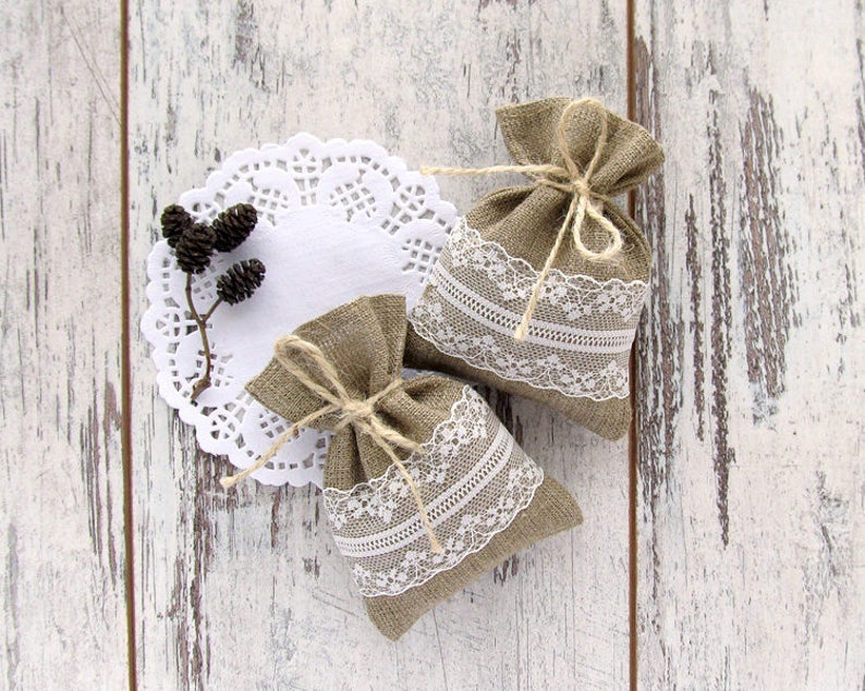 Rustic favor bags, Wedding burlap favor, Lace gift bags, Baptism favor bags, Candy small bag, Burlap and lace bag, Wedding favors image 1