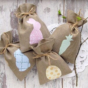 4 Personalized Easter bags, Easter gift bags, burlap candy bags, Easter treat bag, Easter rustic basket