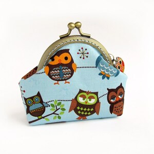 Porta-moedas Azul com Corujas, Pássaros Marrons - Feito sob encomenda