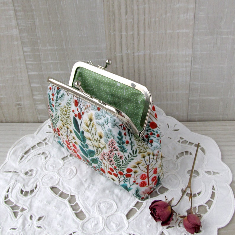 Wildflowers purse, Evening small clutch, Garden red flowers and green plants frame purse, Floral cosmetic bag, Wedding purse, Change pouch image 3