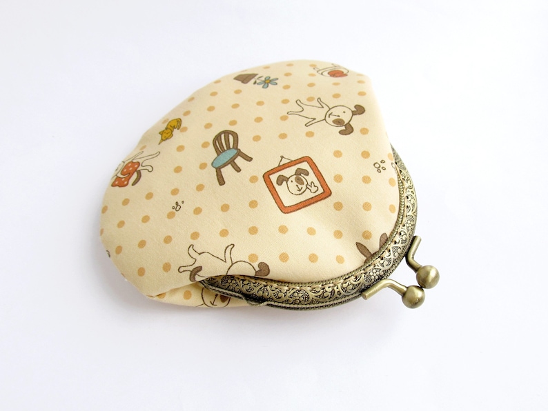Beige Change pouch Animals coin purse Polka dots purse Funny dogs purse Dog Lovers Gift Purse with Dogs Kawaii Japanese cloth wallet