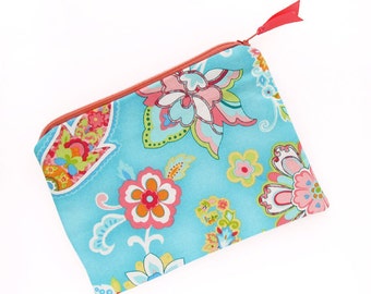 Zipper Pouch Turquoise with Multicolored Flowers, Cosmetic Bag