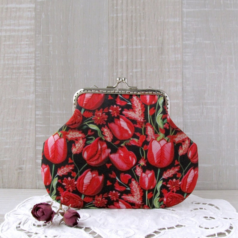 Tulips frame purse, Red and black handbag, Spring flowers clutch, Blooming cosmetic bag, Floral change pouch, Red love gift for her image 1