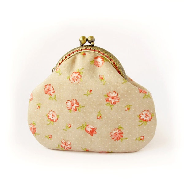 Beige Floral Purse, Pink Flowers Purse, Pastel Colors Bridesmaid Gift