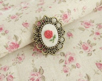 Brooch Hand Embroidered, Pink Rose Flower on Cream