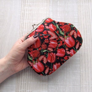 Tulips frame purse, Red and black handbag, Spring flowers clutch, Blooming cosmetic bag, Floral change pouch, Red love gift for her image 3