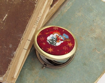 Christmas Snowmen Compact Mirror, Burgundy Pocket Mirror