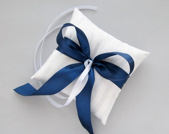 Navy Blue Ring Pillow, white ring bearer pillow, navy wedding, wedding bearer cushion