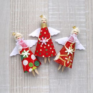 Christmas Angels SET of 3, Red Christmas Ornaments, Christmas Tree Decorations, Clothespin dolls, Holiday wood home decor