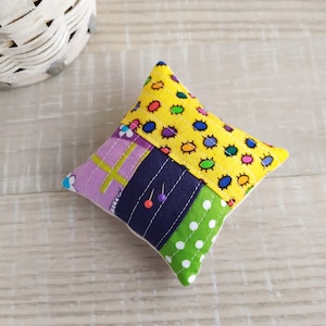 Patchwork pincushion, Yellow needle holder, Sewing pin cushion with bugs, Green polka dots pincushion, Needlework bright gift for quilter
