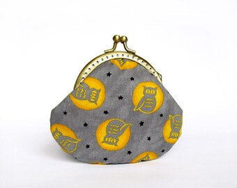 Owls Coin Purse, Yellow, orange and grey purse, gray change pouch with kisslock, Halloween gift