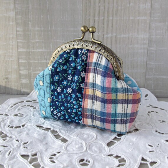 Monedero patchwork, billetera azul scrappy, bolso con lunares y