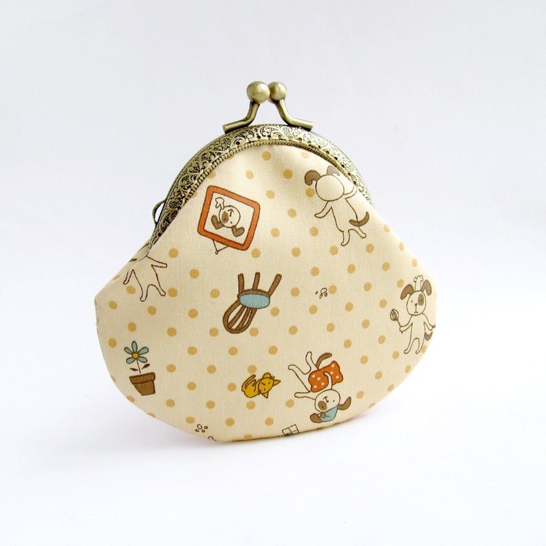 Beige Change pouch Animals coin purse Polka dots purse Funny dogs purse Dog Lovers Gift Purse with Dogs Kawaii Japanese cloth wallet