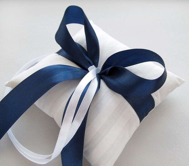 Navy Blue Ring Pillow, White Ring Bearer Pillow, Navy Wedding, Wedding