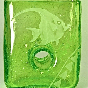 Morish Idol & Tapa Band Vase, Sandblasted / Etched Peridot Glass Vase, Hawaiian Art