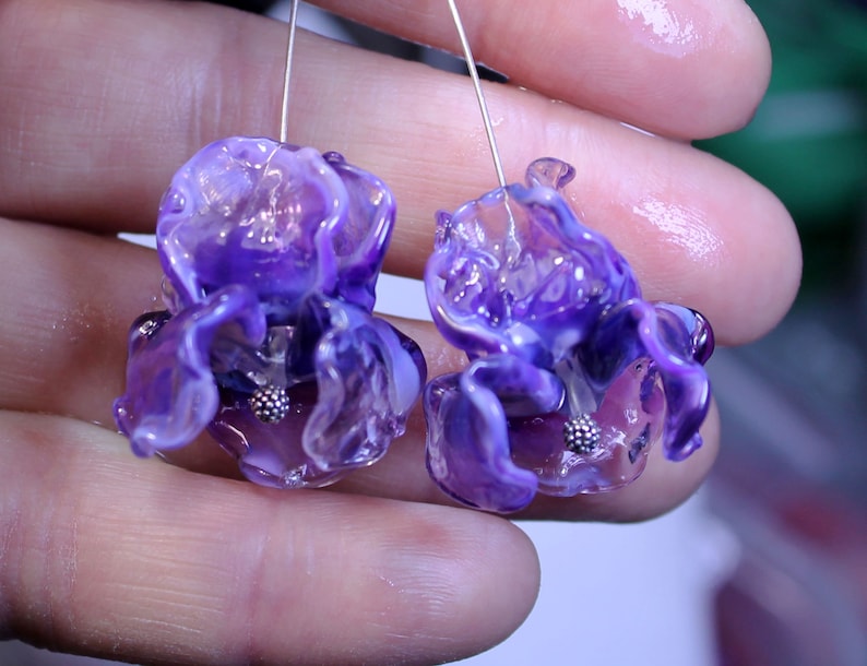 MTO Iris DArk Lilac Flower Lampwork Pair for earings