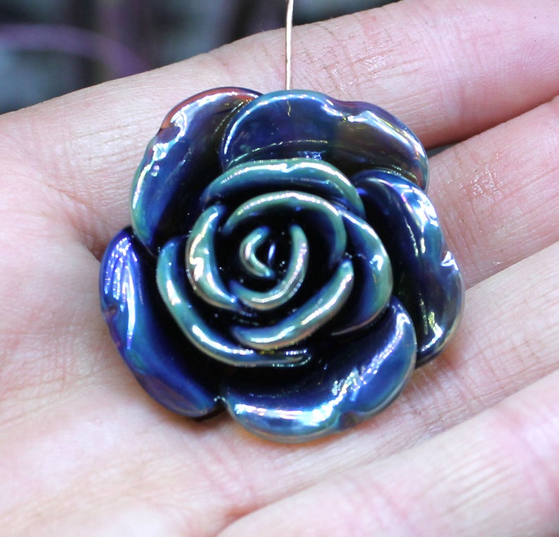 Lampwork Blue with silver accents rose bead