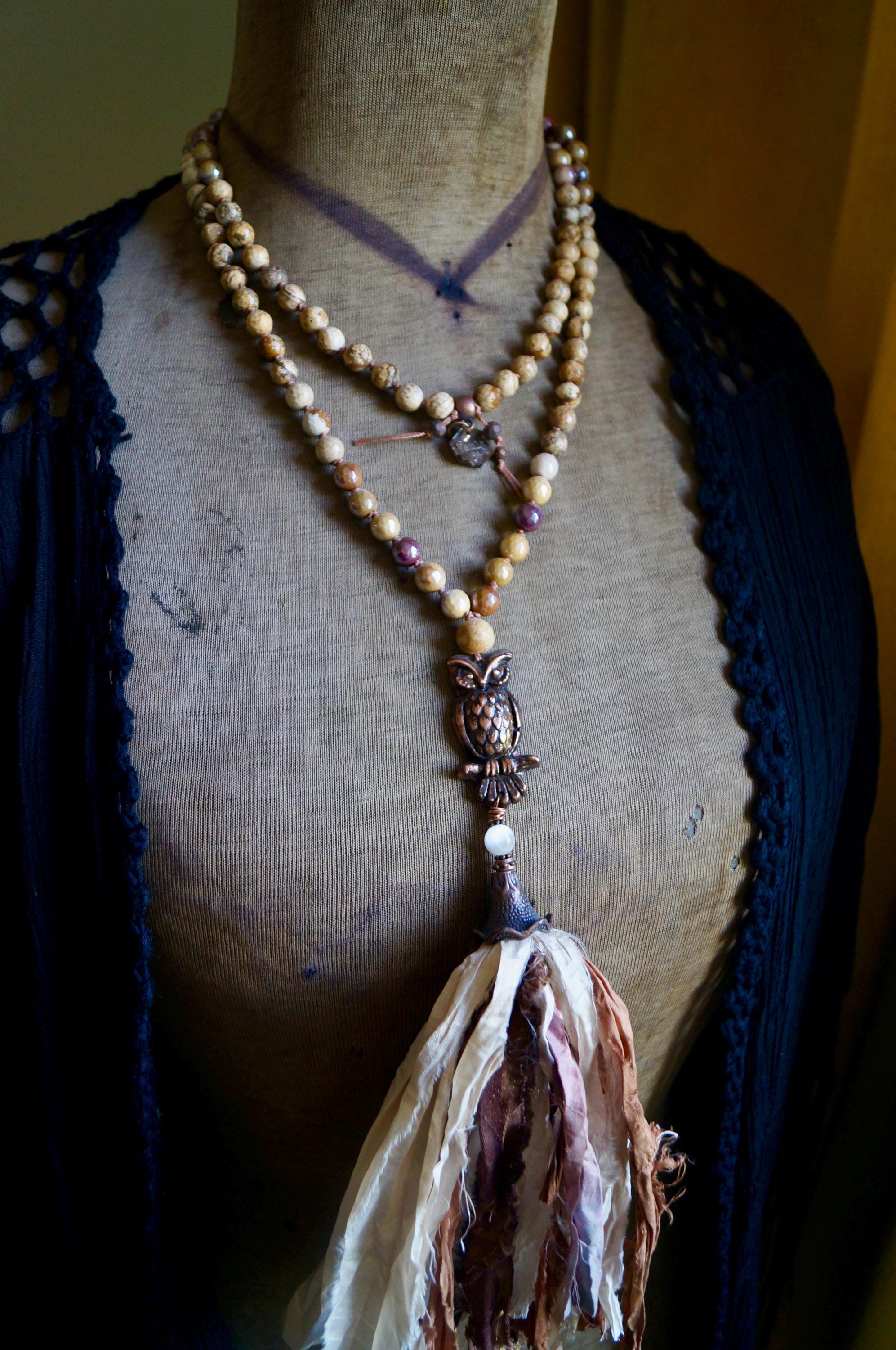 Owl Artisan Mala Necklace, Mala Beaded Necklace, Sari Silk Tassel Necklace, Nature Inspired Mala, De