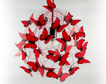 Red Ceiling lamp, red butterflies lighting chandelier, whimsical bedroom hanging lamp, red one of a king ceiling pendant, House warming gift