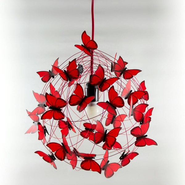 Red Ceiling lamp, red butterflies lighting chandelier, whimsical bedroom hanging lamp, red one of a king ceiling pendant, House warming gift