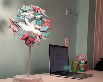 Butterfly table lamp for little girl in Teal Pink and white, Whimsical bedside lamp for nursery, Unique delicate kids desk lamp for bedroom