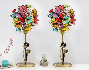 Paar Gold Tole Stil Blumenlampen, Set von 2 Messing Blume Nachttischlampen, Blumenlampen im antiken Stil, Einzigartige botanische Lampen Regenbogenfarben