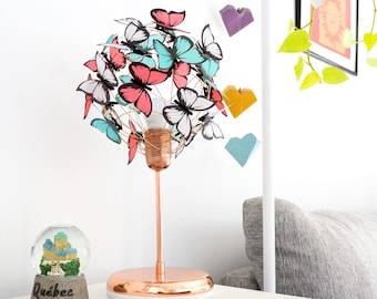 Copper and pink table lamp, Shabby chic pink and teal table lamp, original design Butterfly lamp, aesthetic decor table lamp, Butterfly lamp