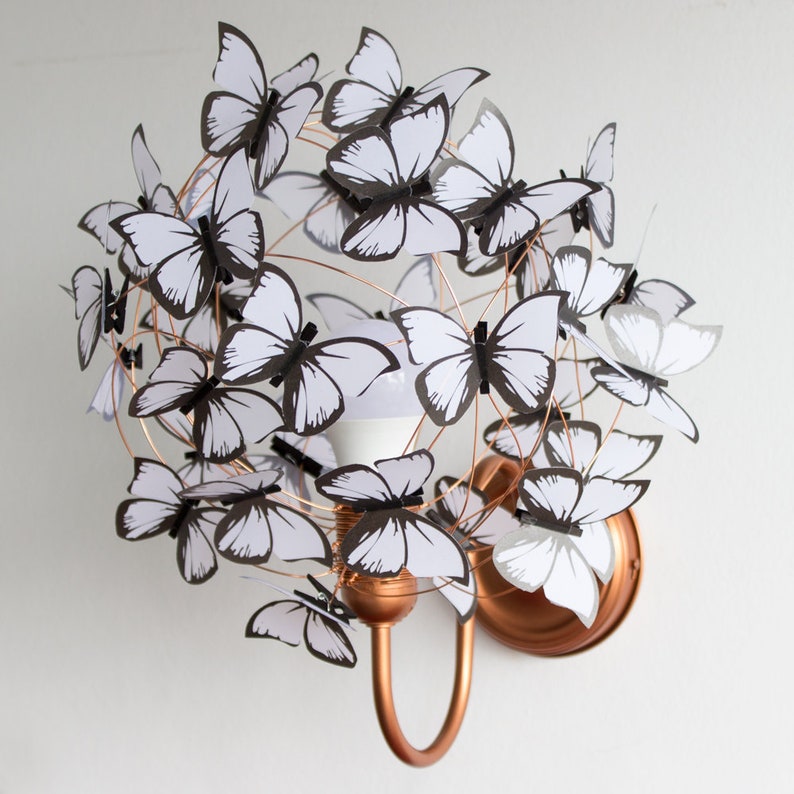 White butterflies copper wall sconce light, Boho light wall fixture in black and white, One of a kind sconce gift for butterfly lovers Short